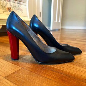 Diane von Furstenburg black leather heels with red patent heel